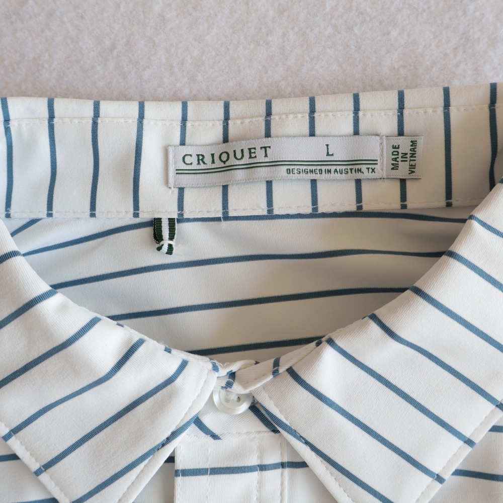 Criquet Mens Performance Golf Polo Shirt Large White Blue Striped Short Sleeve - Picture 7 of 8